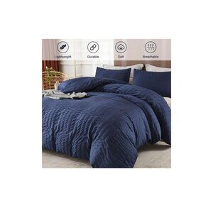 AveLom Seersucker Duvet Cover Set King Size. 3 Piece Set. Navy. M213